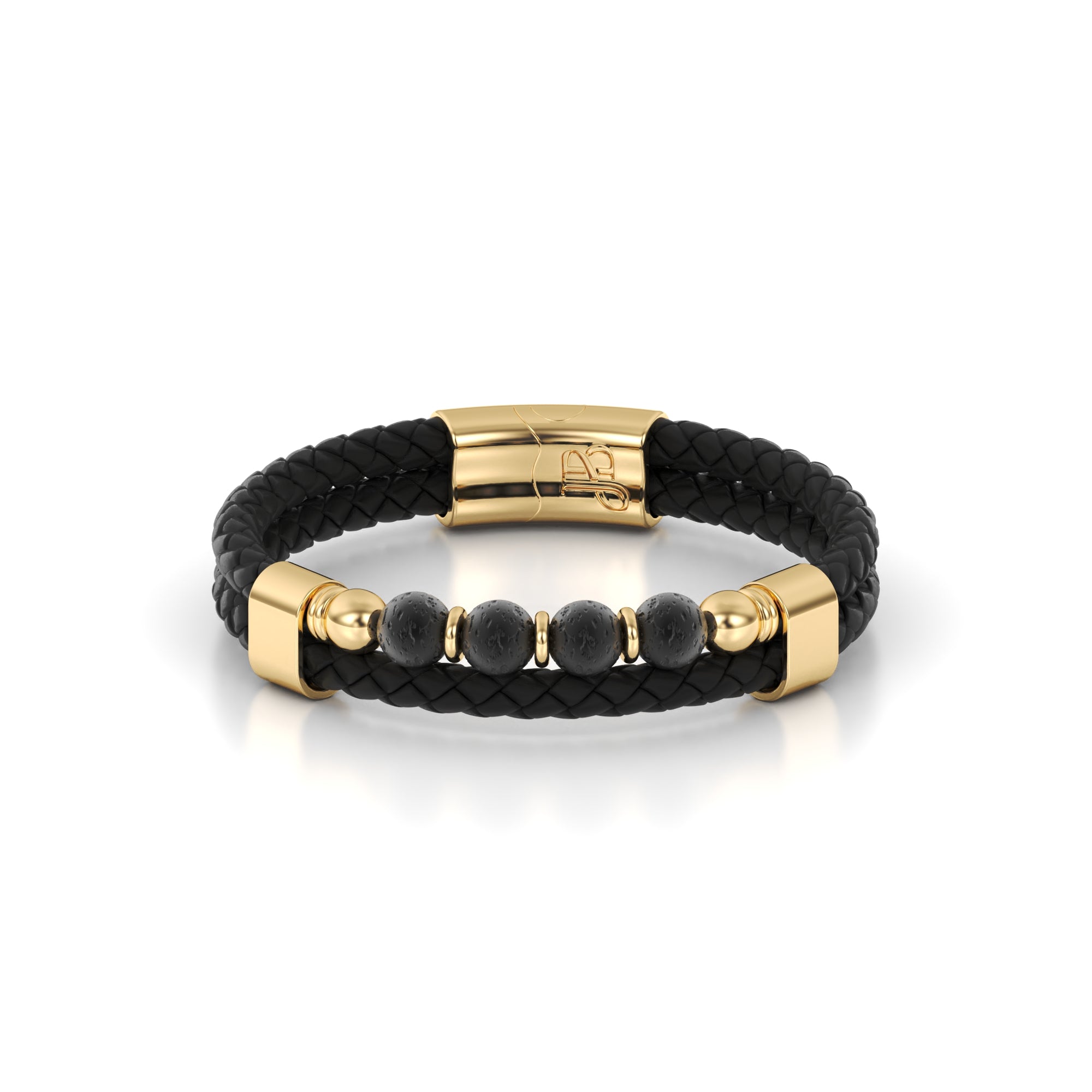 Black leather bracelet and lava rock beads